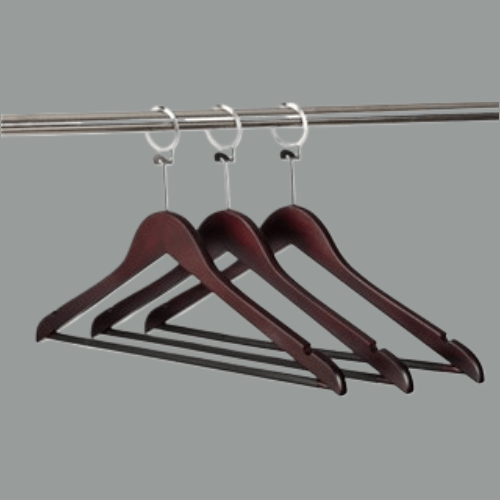 50 ADET OTEL TİPİ ELBİSE ASKISI AHŞAP OTEL ELBİSE ASKISI CEVİZ RENK METAL HALKALI 43 CM